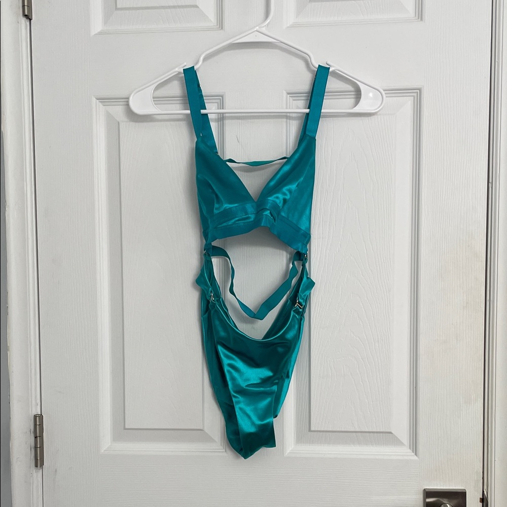 Teal Cutout Satin Pole/Dance Wear Bodysuit